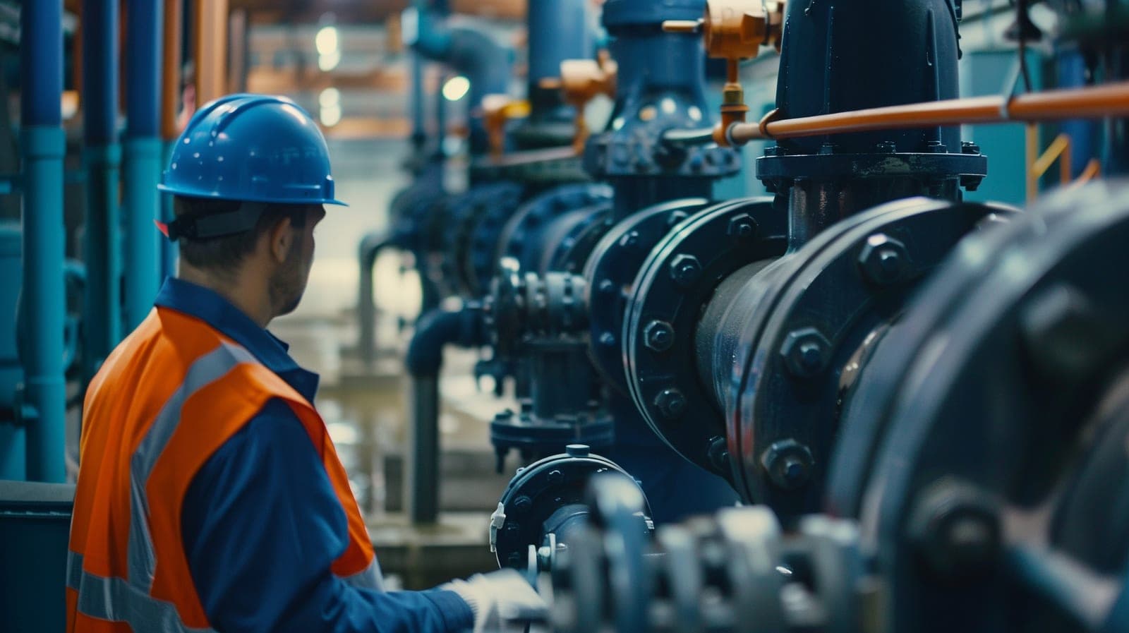 Pump technician inspecting industrial equipment