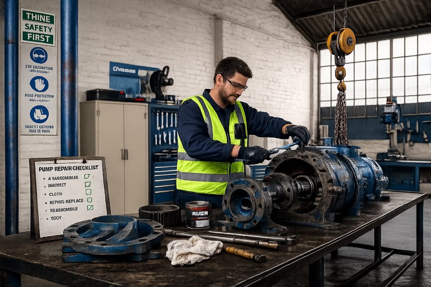 Pump workshop technician working on machinery